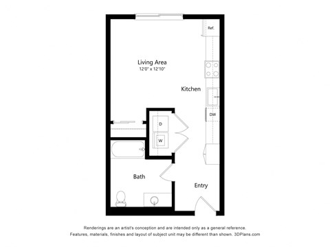 Floor plan for studio, 1 bath, 485 sqft